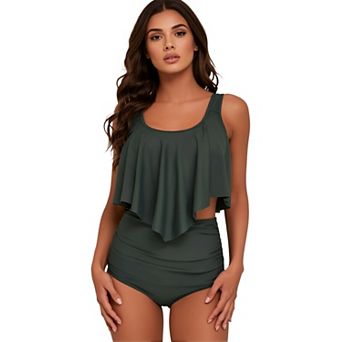 Women Swimsuit Flounce Ruffle Two Piece Bikini V Neck High Waisted Ruched Tummy Control Swimwear