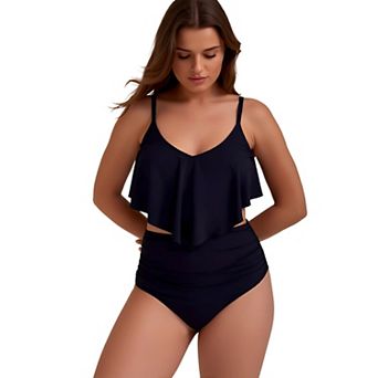 Women Swimsuit Flounce Ruffle Two Piece Bikini V Neck High Waisted Ruched Tummy Control Swimwear