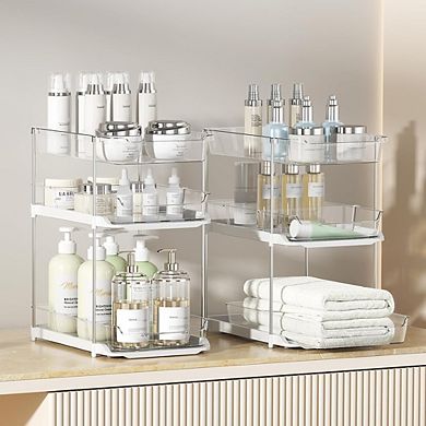 2 Sets 3-Tier Pull-Out Clear Cabinet Organizer, Stackable Multi-Purpose Storage