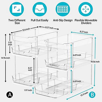 2 Sets 3-Tier Pull-Out Clear Cabinet Organizer, Stackable Multi-Purpose Storage