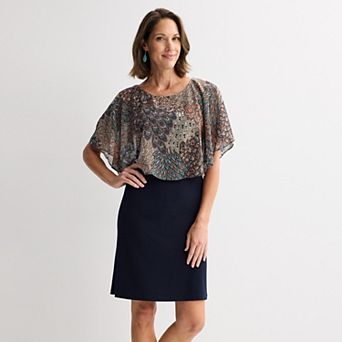 Women's Connected Apparel Printed Chiffon Curved Poncho Over Ity Dress