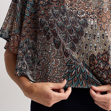 Women's Connected Apparel Printed Chiffon Curved Poncho Over Ity Dress