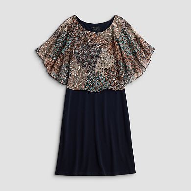 Women's Connected Apparel Printed Chiffon Curved Poncho Over Ity Dress