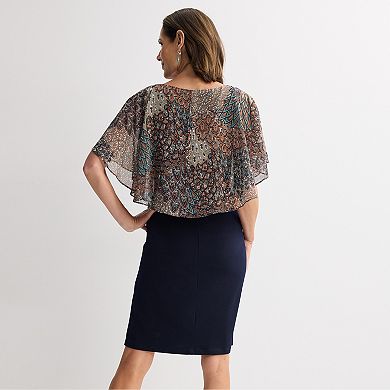 Women's Connected Apparel Printed Chiffon Curved Poncho Over Ity Dress