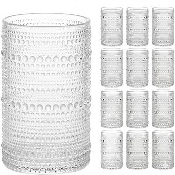 12 pc Embossed Highball Glass Set, Drinking Glasses for Whiskey & Cocktails