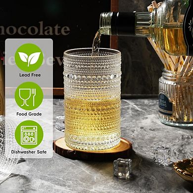 12pc Embossed Highball Glass Set, Drinking Glasses for Whiskey & Cocktails