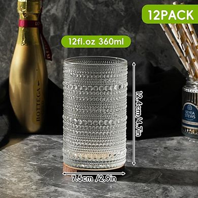 12pc Embossed Highball Glass Set, Drinking Glasses for Whiskey & Cocktails