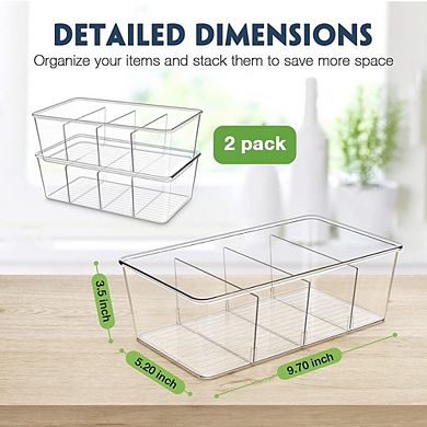 2-Pack Clear Refrigerator Organizer Bins with Dividers, Storage Containers