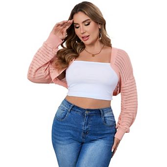 Women's Plus Size Cropped Long Sleeve Hollow Out Knit Casual Cardigan