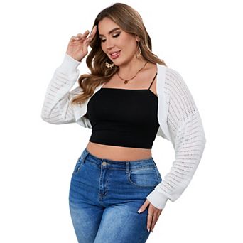 Women's Plus Size Open Front Long Sleeve Cropped Knit Shrug Cardigan
