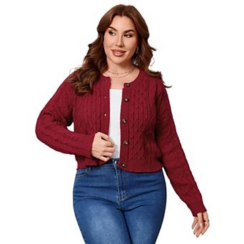 Women's Plus Size Crew Neck Long Sleeve Button Up Cropped Cardigan