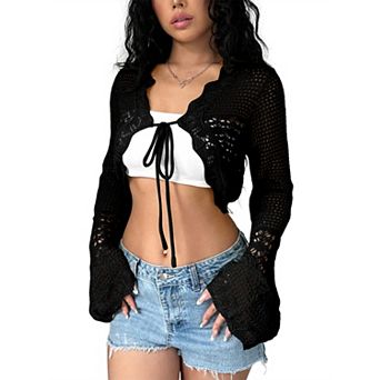 Women's Hollow Out Long Sleeve Cardigan Front Tie Up Cover-Ups