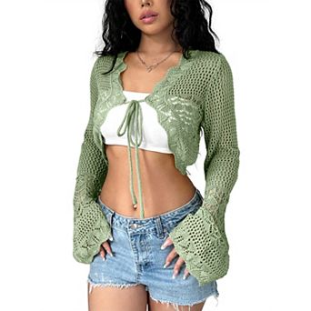 Women's Hollow Out Long Sleeve Cardigan Front Tie Up Cover-Ups