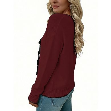 Women's V-Neck Long Sleeve Sweater with Front Tie Closure Cardigans