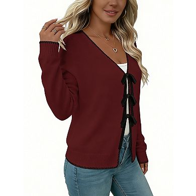 Women's V-Neck Long Sleeve Sweater with Front Tie Closure Cardigans