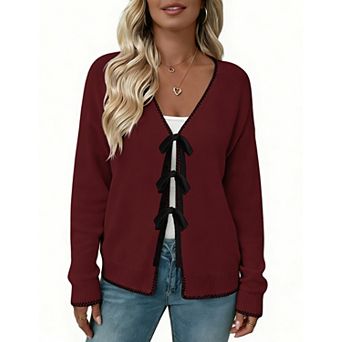 Women's V-Neck Long Sleeve Sweater with Front Tie Closure Cardigans