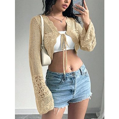 Women's Long Sleeve Hollow Out Cardigan Front Tie Up Cover-Ups