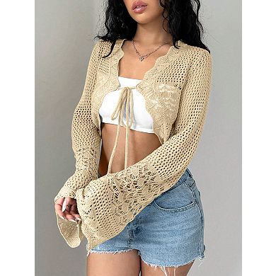 Women's Long Sleeve Hollow Out Cardigan Front Tie Up Cover-Ups