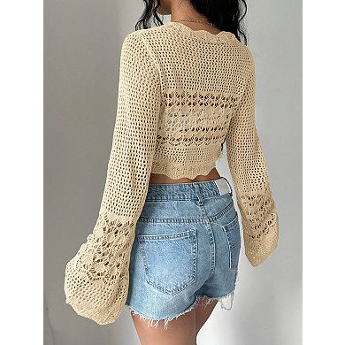 Women's Long Sleeve Hollow Out Cardigan Front Tie Up Cover-Ups
