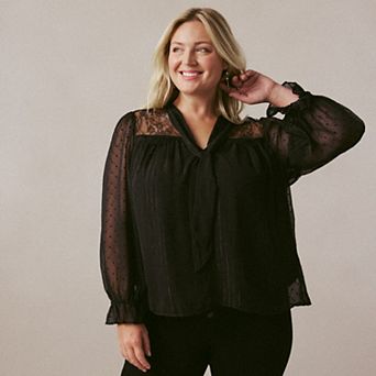 Plus Size LC Lauren Conrad Lace Yoke Tie Neck Blouse