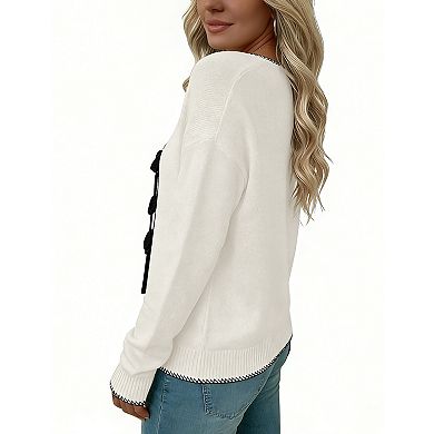 Women's Long Sleeve V-Neck Cardigans Sweater with Front Tie Closure