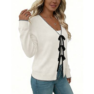 Women's Long Sleeve V-Neck Cardigans Sweater with Front Tie Closure