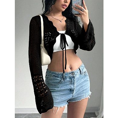 Women's Long Sleeve Cardigan Hollow Out Front Tie Up Cover-Ups