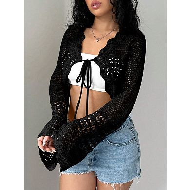 Women's Long Sleeve Cardigan Hollow Out Front Tie Up Cover-Ups