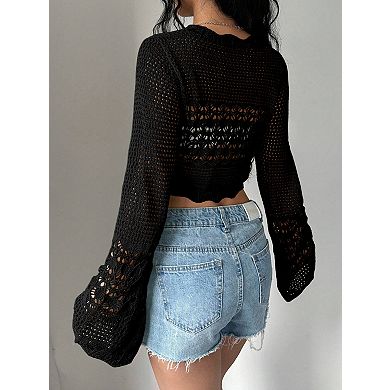Women's Long Sleeve Cardigan Hollow Out Front Tie Up Cover-Ups