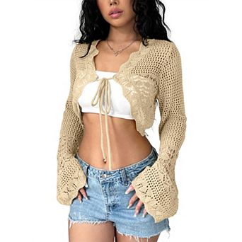 Women's Long Sleeve Cardigan Hollow Out Front Tie Up Cover-Ups
