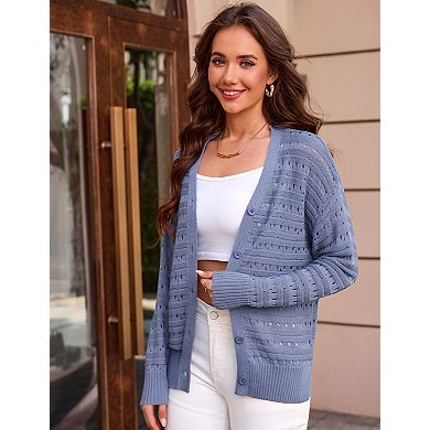 Women Long Sleeves Cardigan Button Down V Neck Sweater Top