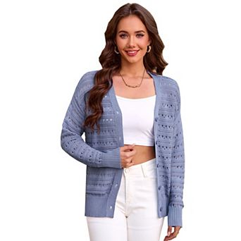 Women Long Sleeves Cardigan Button Down V Neck Sweater Top