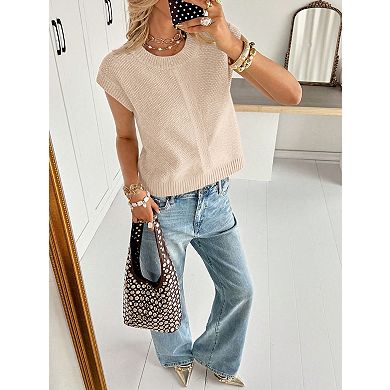 Women's Sweater Vest Crewneck Knit Cap Sleeve Pullover Top