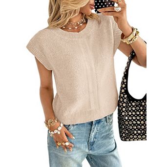 Women's Sweater Vest Crewneck Knit Cap Sleeve Pullover Top