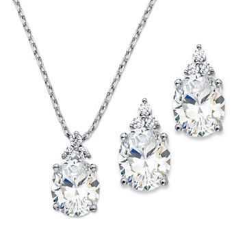 13.22 TCW Platinum-Plated Cubic Zirconia Earrings and Necklace Set 18"-20"