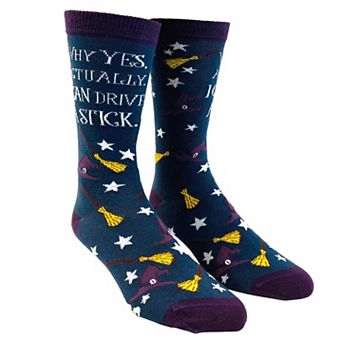 Women's Why Yes Actually I Can Drive A Stick Socks Funny Halloween Party Witch Novelty Footwear