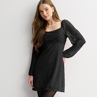 Juniors' Live To Be Spoiled Long Sleeve Mesh Flocked Skater Dress