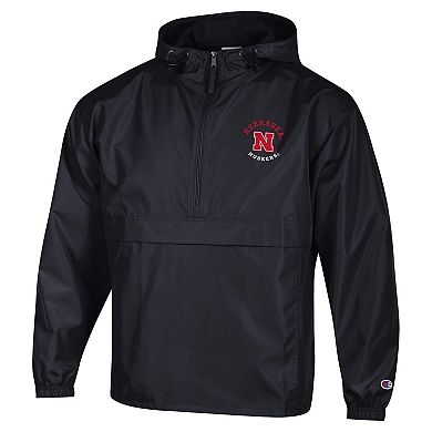 Men's Champion Black Nebraska Huskers Packable Hooded Windbreaker Half-Zip Jacket