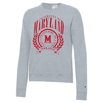 Women's Champion Heather Gray Maryland Terrapins Academic Crest Powerblend Crewneck Sweatshirt