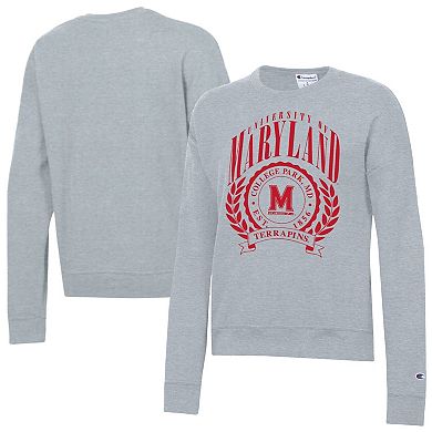 Women's Champion Heather Gray Maryland Terrapins Academic Crest Powerblend Crewneck Sweatshirt