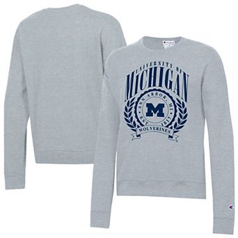 Women's Champion Heather Gray Michigan Wolverines Academic Crest Powerblend Crewneck Sweatshirt