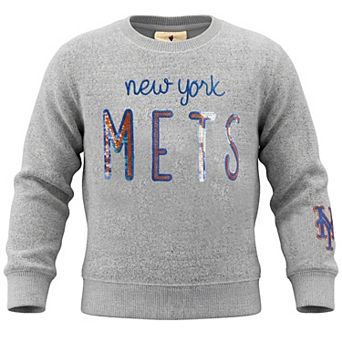 Girls Youth Soft as a Grape Heather Gray New York Mets Nantucket Sequin Fleece Crewneck Sweatshirt