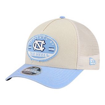Men's New Era Stone/Carolina Blue North Carolina Tar Heels Frayed Patch 9FORTY M-Crown A-Frame Trucker Adjustable Hat