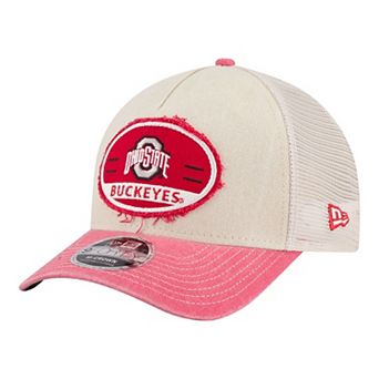 Men's New Era Stone/Scarlet Ohio State Buckeyes Frayed Patch 9FORTY M-Crown A-Frame Trucker Adjustable Hat