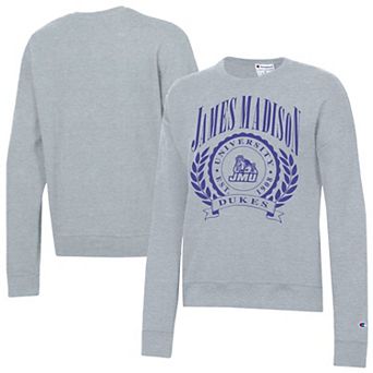 Women's Champion Heather Gray James Madison Dukes Academic Crest Powerblend Crewneck Sweatshirt