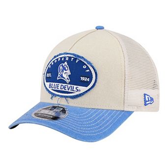 Men's New Era Stone/Royal Duke Blue Devils Frayed Patch 9FORTY M-Crown A-Frame Trucker Adjustable Hat