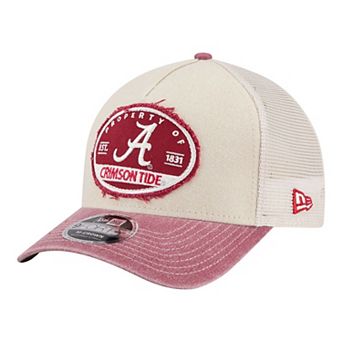 Men's New Era Stone/Crimson Alabama Crimson Tide Frayed Patch 9FORTY M-Crown A-Frame Trucker Adjustable Hat