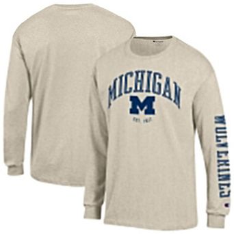 Men's Champion Heather Oatmeal Michigan Wolverines Neutral Arch Long-Sleeve T-Shirt