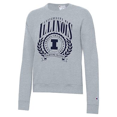 Women's Champion Heather Gray Illinois Fighting Illini Academic Crest Powerblend Crewneck Sweatshirt