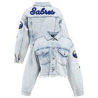 Women's Hype and Vice Denim Buffalo Sabres Chenille Raw Edge Cropped Full-Button Jean Jacket